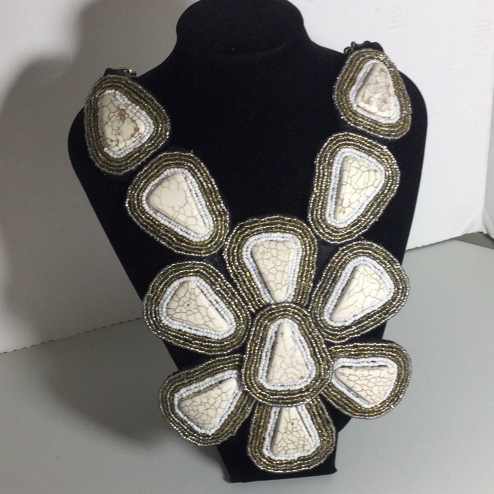 Statement White and Gold Beaded Floral Bib Necklace